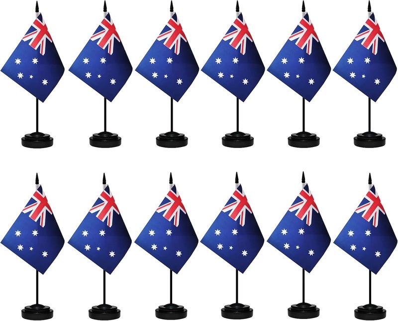 tibijoy Australia Flags Australian Small Mini Desk Flags Set Small Mini Australia Flags Table Flag with 13" Black Pole, Black Base and Spear Top, Miniature Australian Deluxe Desktop Flag, Home Decoration, Office Decoration, Festival Celebrations(12 Pack ) - Image 1